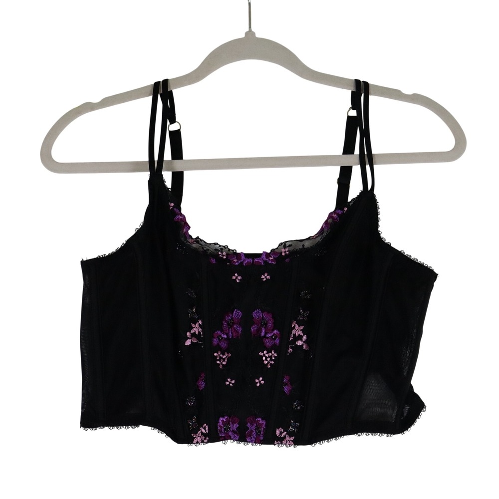 Victoria's Secret Floral Embroidered Corset Top L Black Whimsigoth Grunge Y2K